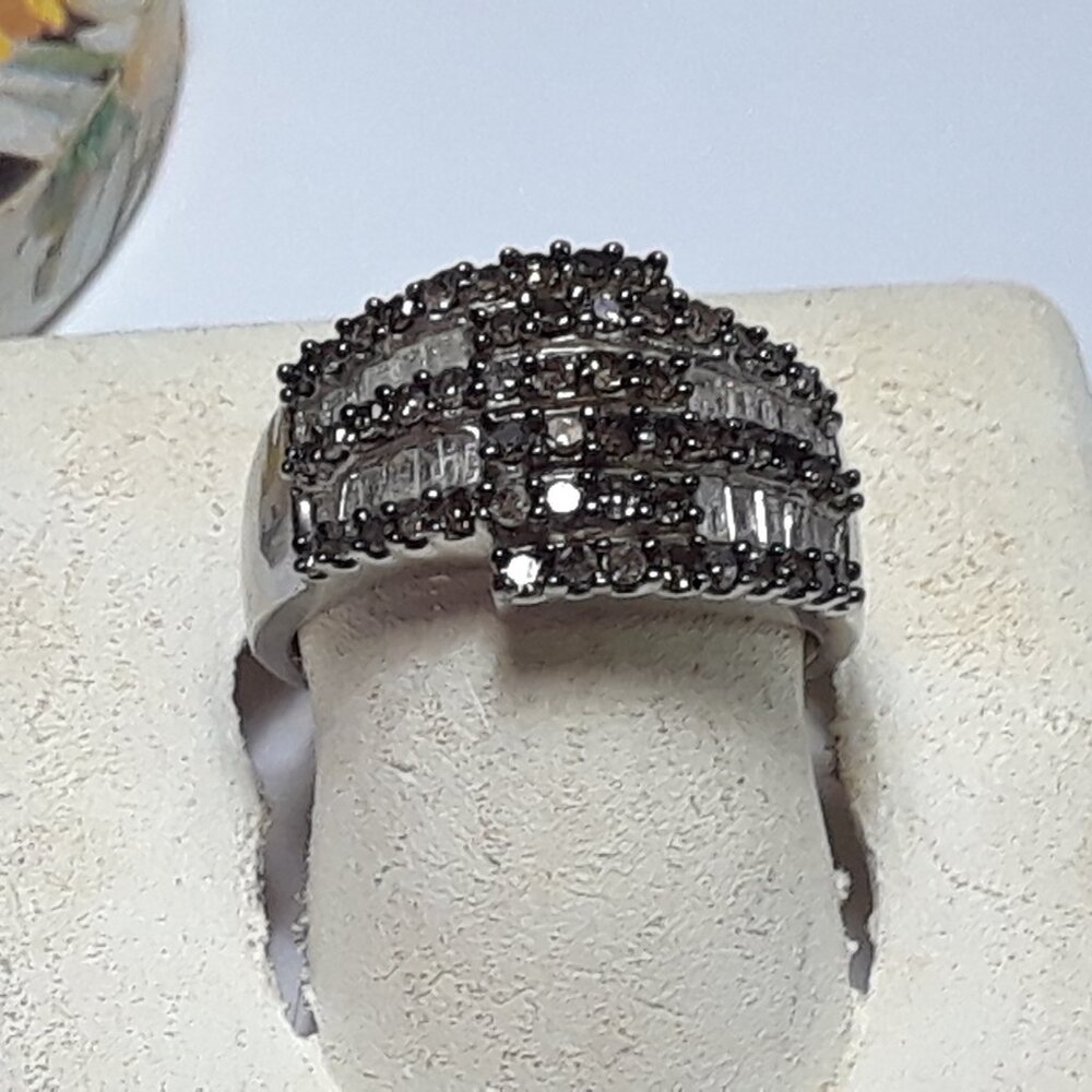 .95ctw Chocolate Brown &White Diamond Cross Over 5 Row Sterling Silver ring19985